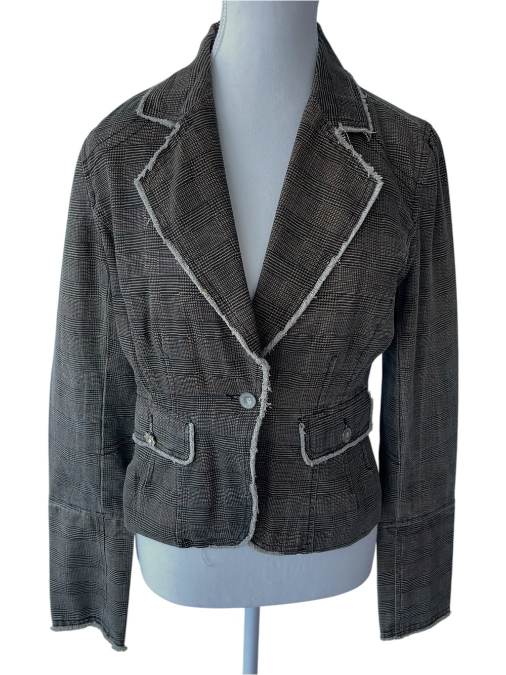 Mendocino Brown Plaid Frayed-Trim Single-Button Tailored Blazer Size Medium